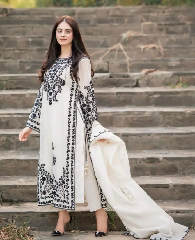 3 Pieces - Embroidery Lawn Suit - White