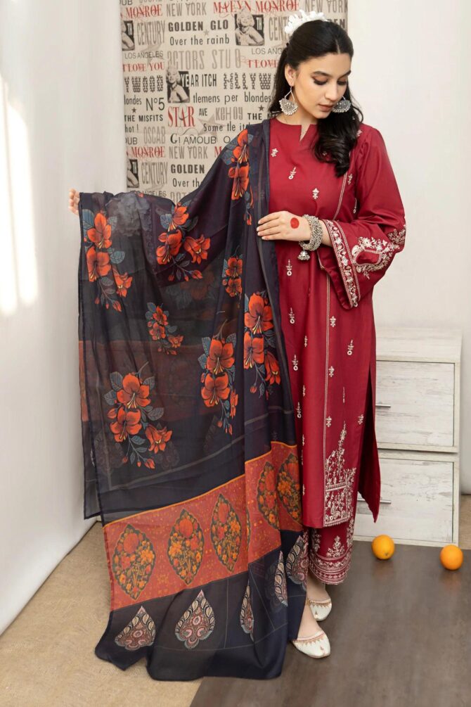 3 Pieces - Embroidery Lawn Suit - Red