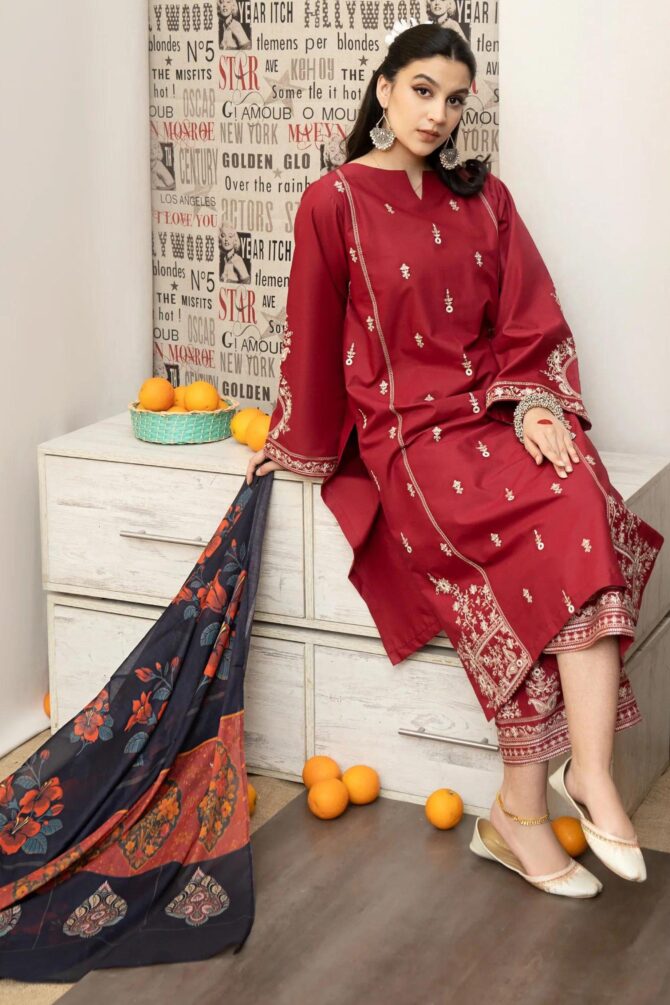 3 Pieces - Embroidery Lawn Suit - Red
