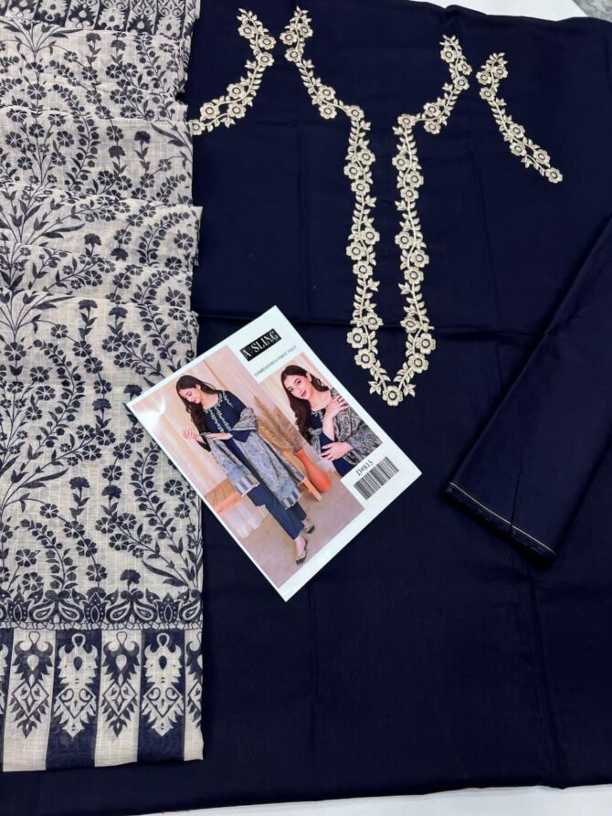3 Piece - Embroidery Lawn Suit - Navy